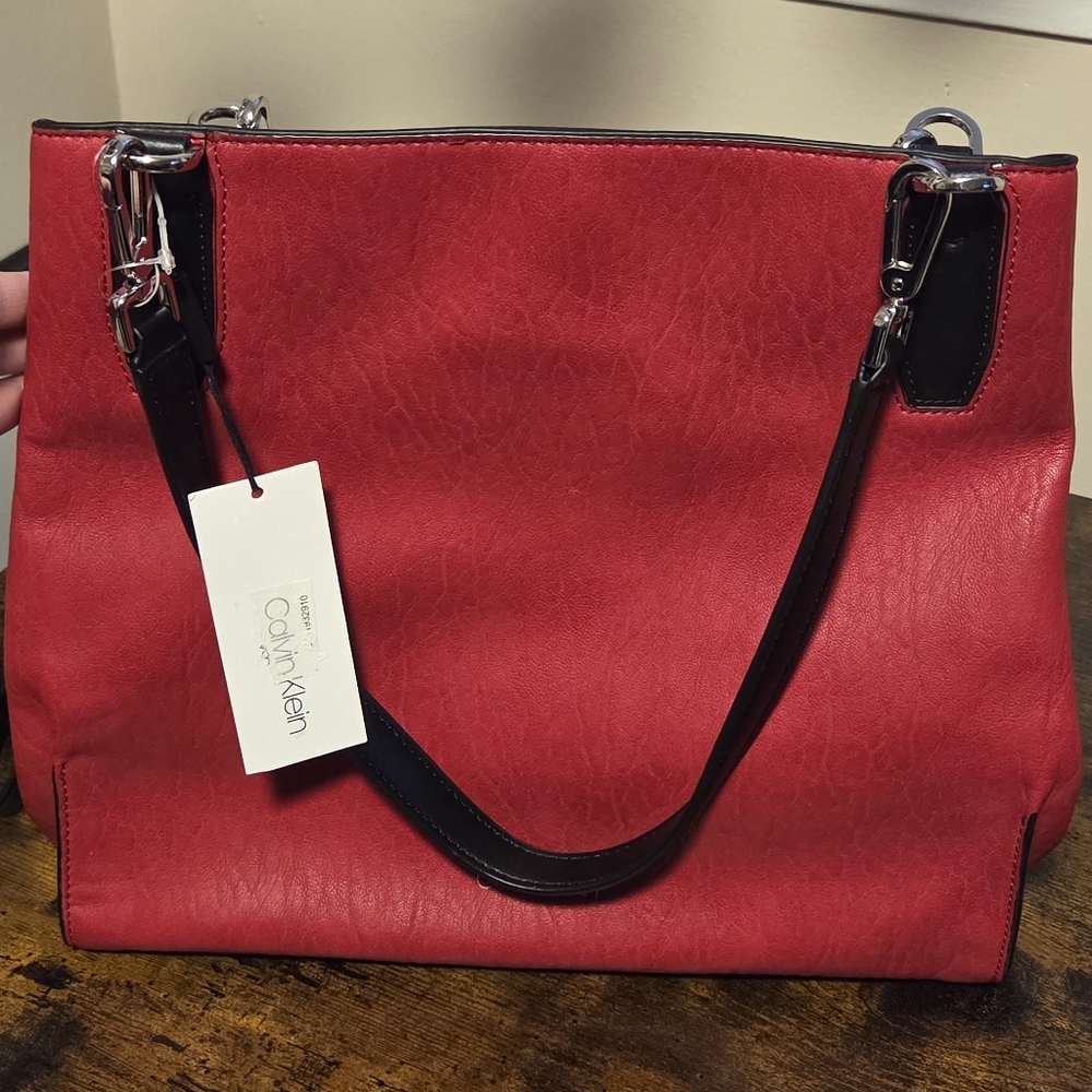 Red Calvin Klein Elaine Zippered Tote Purse